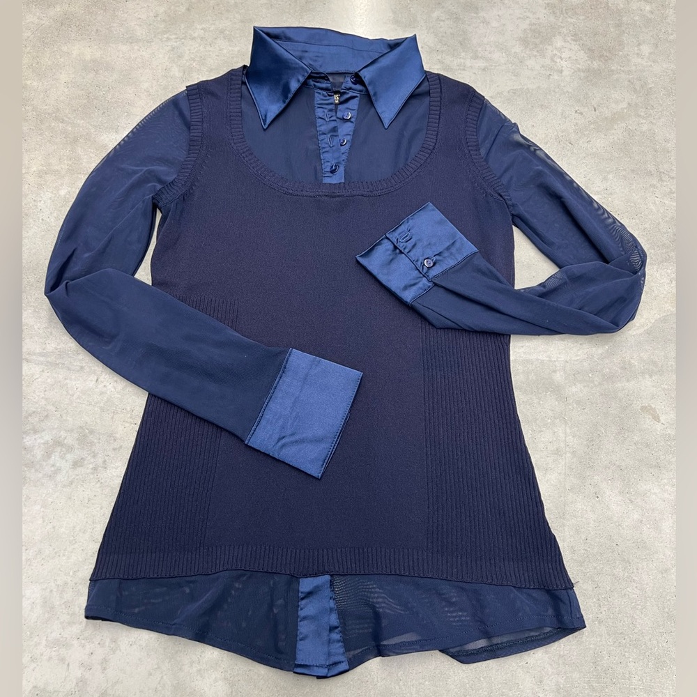 Y2K Christina navy layered satin collared mesh sleeve top M/L
